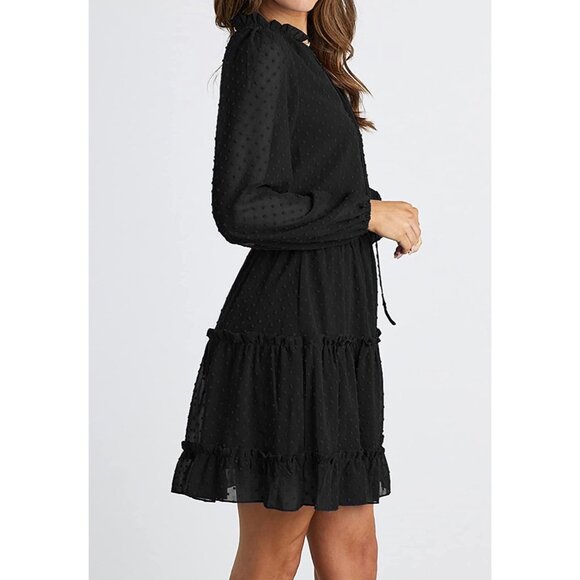 ✌️ 2/$40 ✌New Long Sleeve High Waist Black Dot Swing Dress with Ruffles sz Large - Picture 2 of 8
